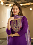 The52 Embroidered Rayon Fabric Straight Kurta, Pant and Dupatta Set | Grocsy