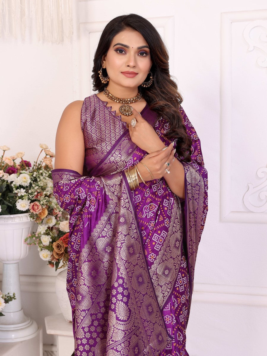 Anaita Purple Soft Satin Silk Bandhej Print Saree With Kanchi Zari Weaving Border | Grocsy