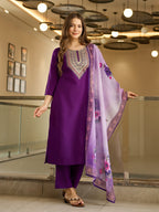 The52 Embroidered Rayon Fabric Straight Kurta, Pant and Dupatta Set | Grocsy