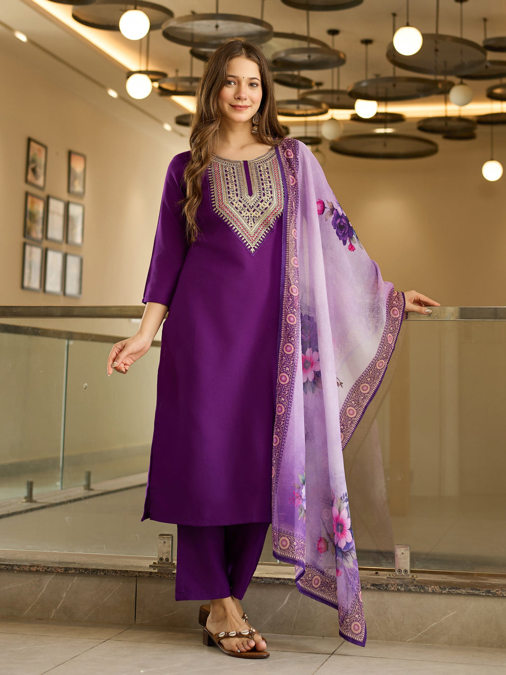 The52 Embroidered Rayon Fabric Straight Kurta, Pant and Dupatta Set | Grocsy