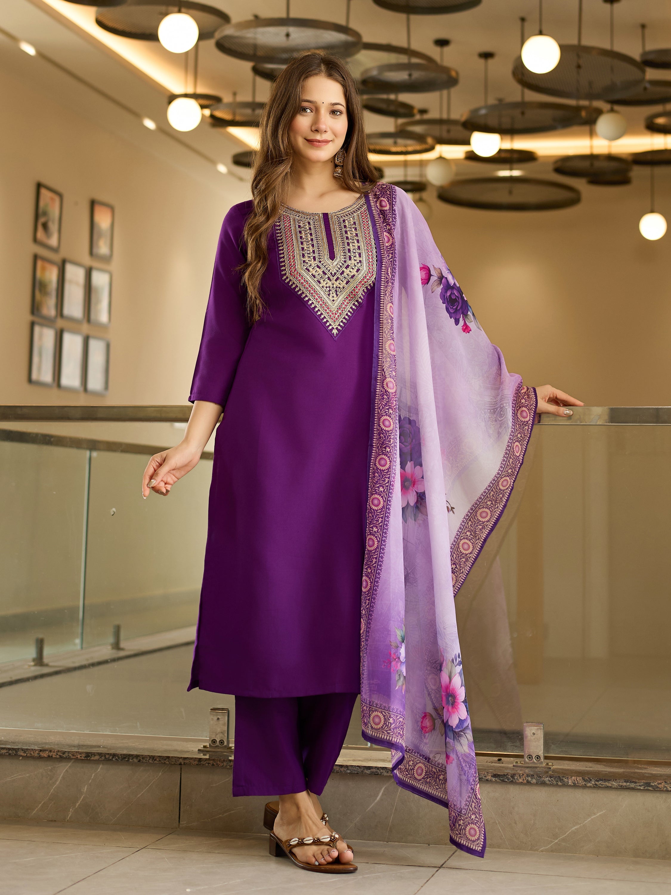 The52 Embroidered Rayon Fabric Straight Kurta, Pant and Dupatta Set | Grocsy