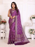 Anaita Purple Soft Satin Silk Bandhej Print Saree With Kanchi Zari Weaving Border | Grocsy