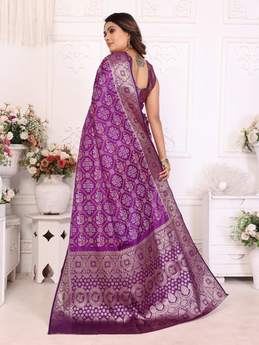 Anaita Purple Soft Satin Silk Bandhej Print Saree With Kanchi Zari Weaving Border | Grocsy