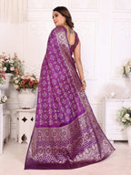 Anaita Purple Soft Satin Silk Bandhej Print Saree With Kanchi Zari Weaving Border | Grocsy
