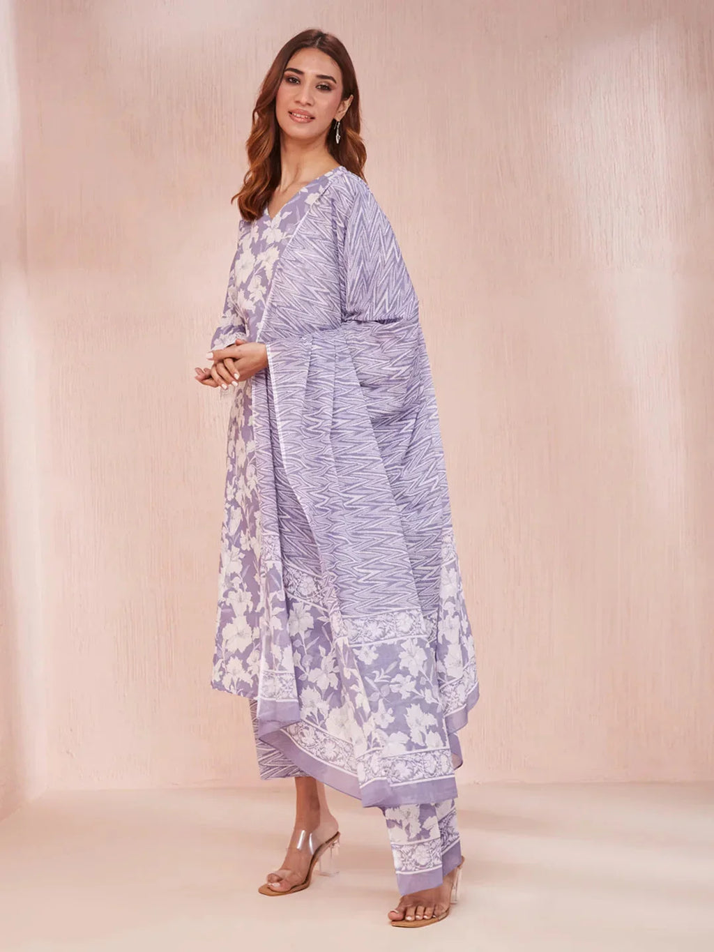 Yufta Purple And White Floral Print Lese Sleeves V-Neck Straight Kurta Trouser Set | Grocsy