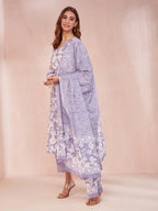 Yufta Purple And White Floral Print Lese Sleeves V-Neck Straight Kurta Trouser Set | Grocsy
