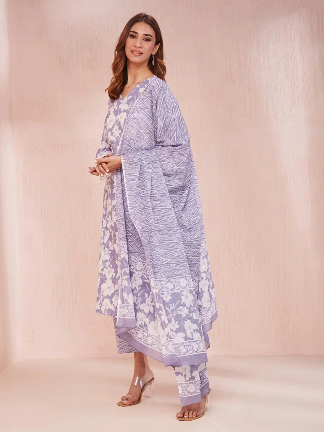 Yufta Purple And White Floral Print Lese Sleeves V-Neck Straight Kurta Trouser Set | Grocsy