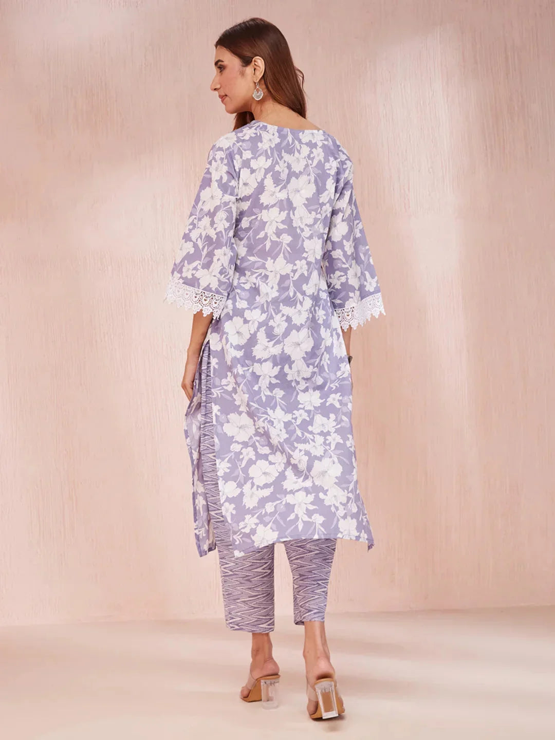 Yufta Purple And White Floral Print Lese Sleeves V-Neck Straight Kurta Trouser Set | Grocsy