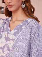 Yufta Purple And White Floral Print Lese Sleeves V-Neck Straight Kurta Trouser Set | Grocsy