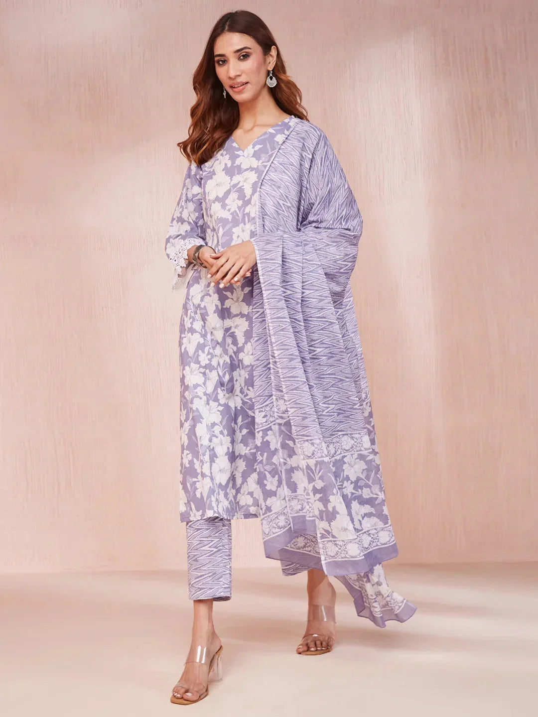Yufta Purple And White Floral Print Lese Sleeves V-Neck Straight Kurta Trouser Set | Grocsy