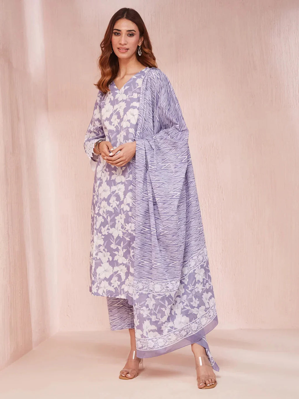 Yufta Purple And White Floral Print Lese Sleeves V-Neck Straight Kurta Trouser Set | Grocsy