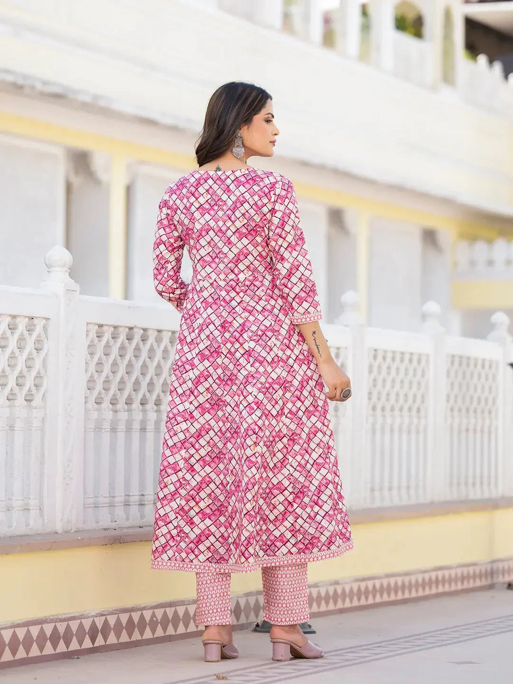 Yufta Purple Checkered Print Anarkali Kurta Trouser With Dupatta Set | Grocsy