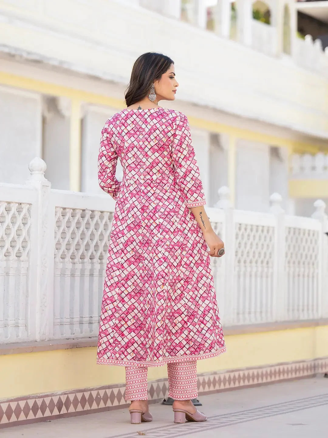 Yufta Purple Checkered Print Anarkali Kurta Trouser With Dupatta Set | Grocsy