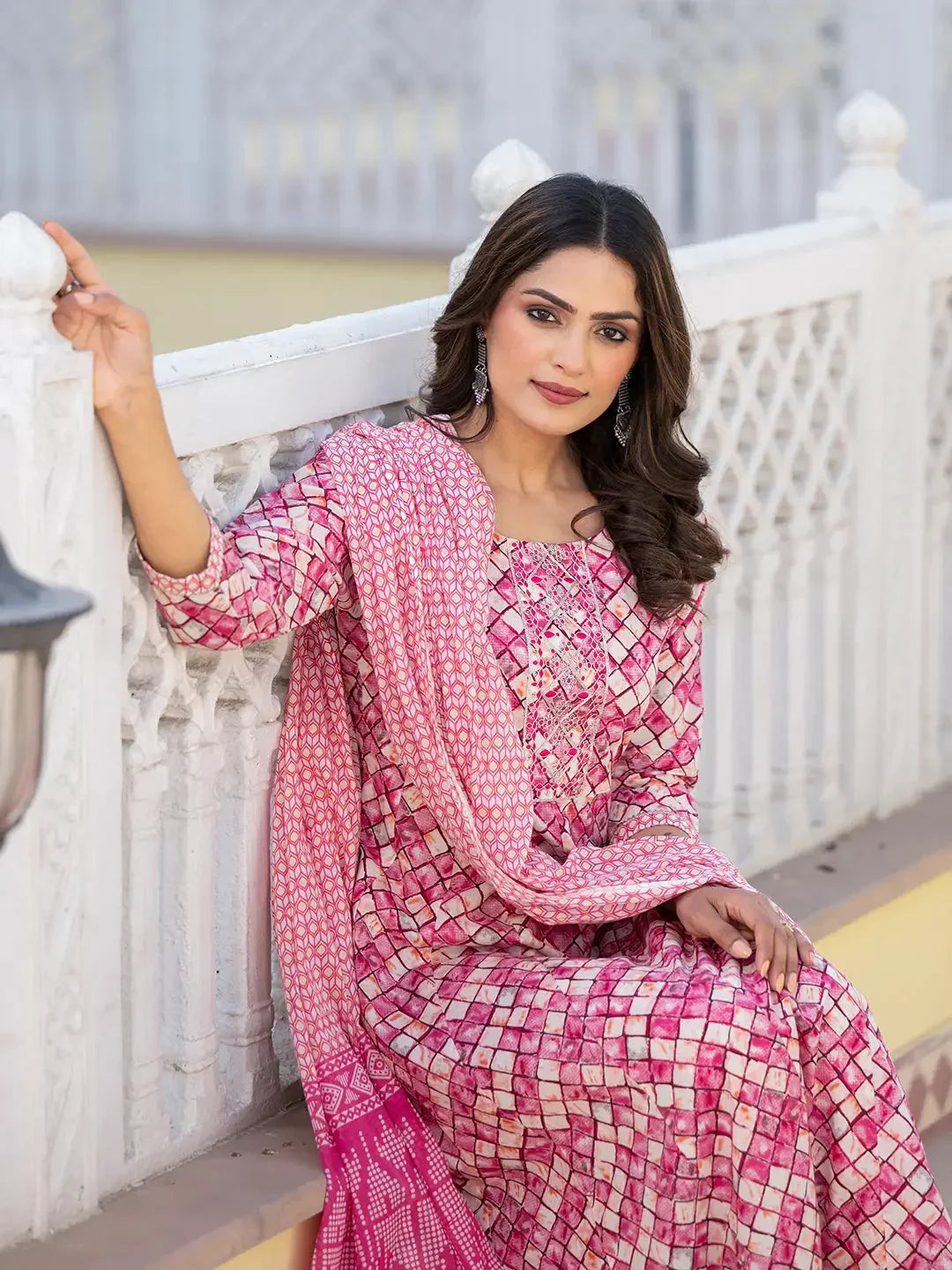 Yufta Purple Checkered Print Anarkali Kurta Trouser With Dupatta Set | Grocsy