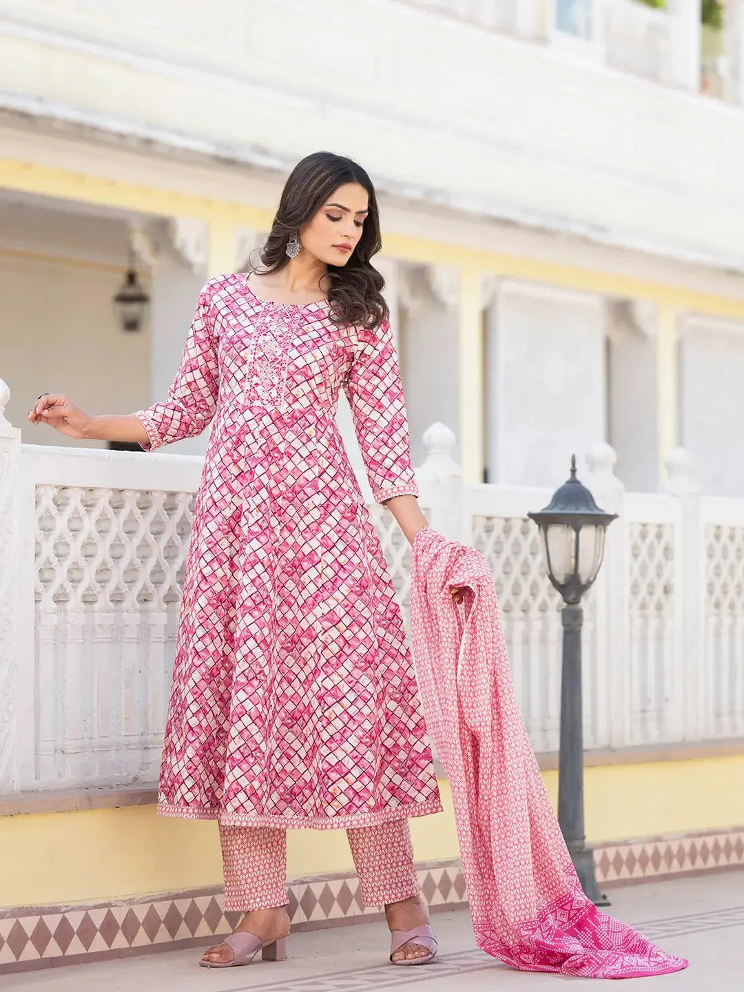 Yufta Purple Checkered Print Anarkali Kurta Trouser With Dupatta Set | Grocsy