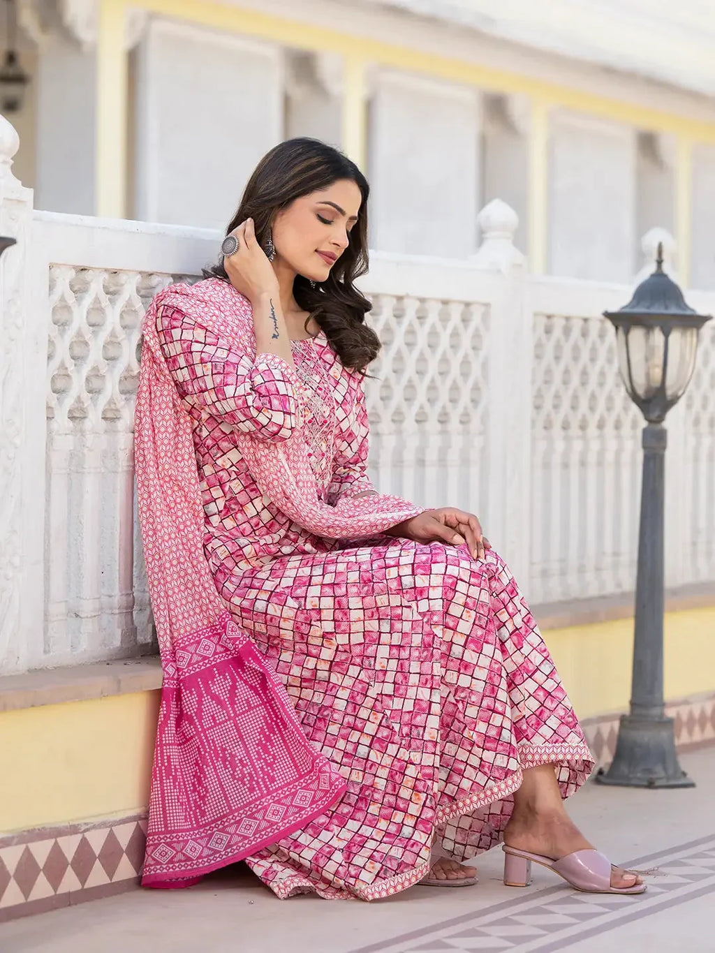 Yufta Purple Checkered Print Anarkali Kurta Trouser With Dupatta Set | Grocsy