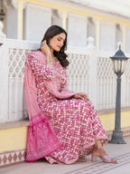 Yufta Purple Checkered Print Anarkali Kurta Trouser With Dupatta Set | Grocsy