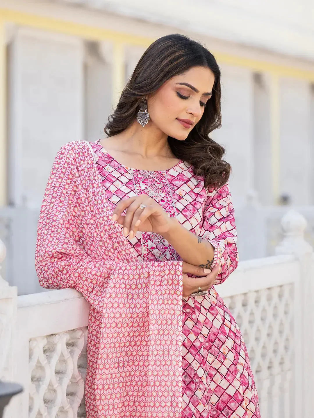 Yufta Purple Checkered Print Anarkali Kurta Trouser With Dupatta Set | Grocsy