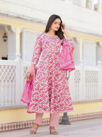 Yufta Purple Checkered Print Anarkali Kurta Trouser With Dupatta Set | Grocsy