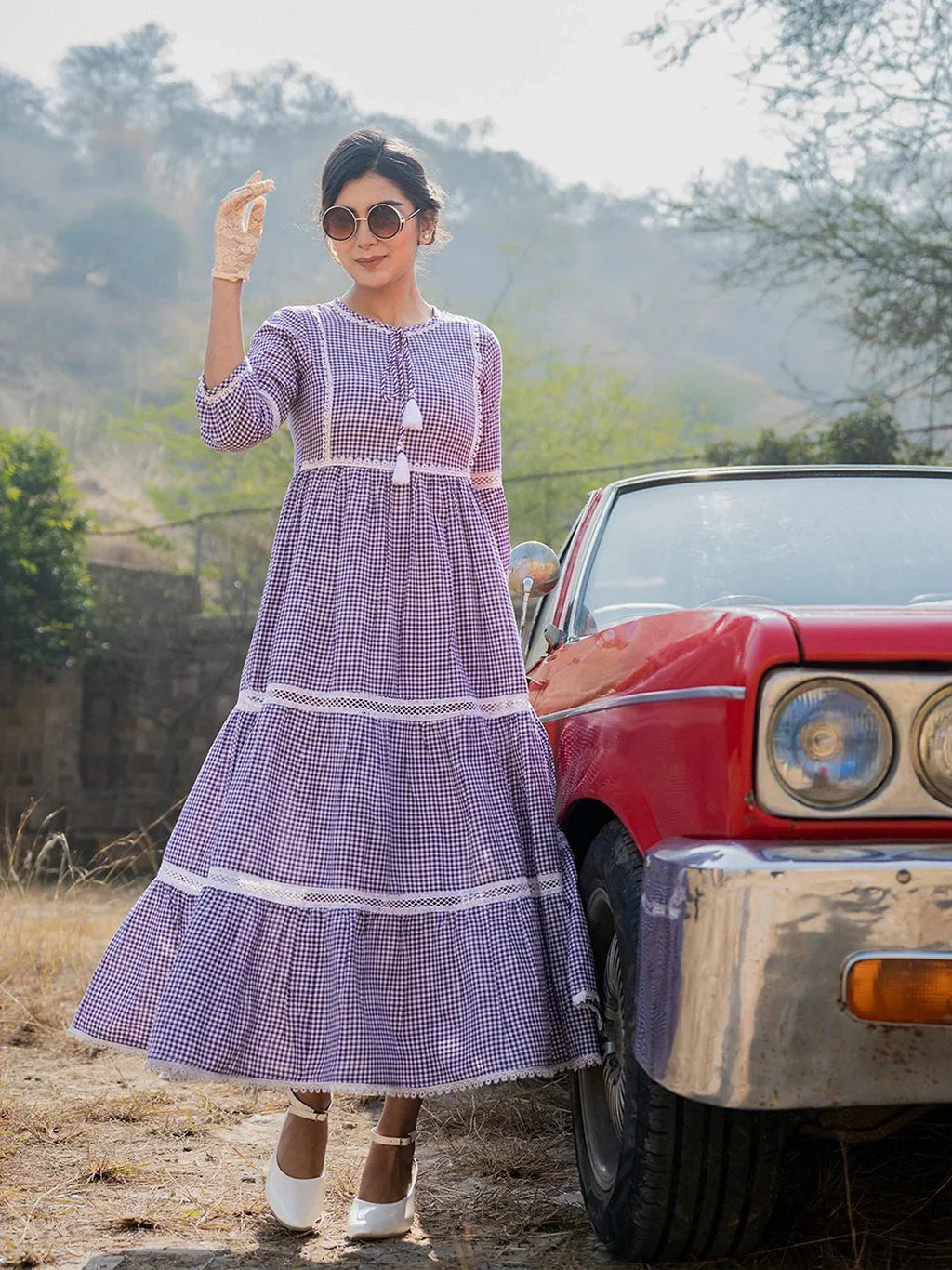 Yufta Purple Cotton Check Tiered Dress | Grocsy