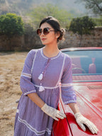 Yufta Purple Cotton Check Tiered Dress | Grocsy