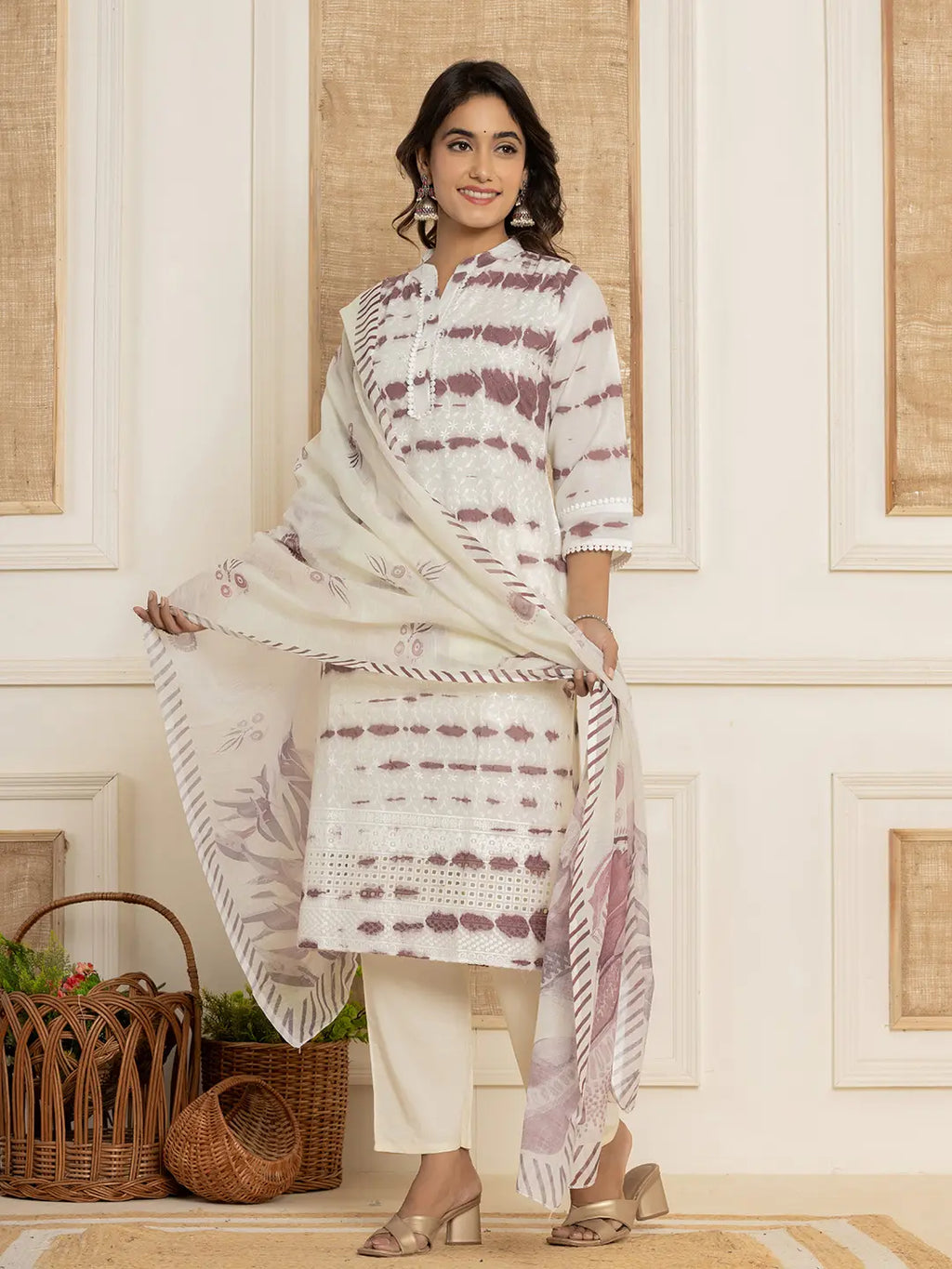 Yufta Purple Embroidery Cotton Have A Lining Kurta Trousers With Dupatta Set | Grocsy
