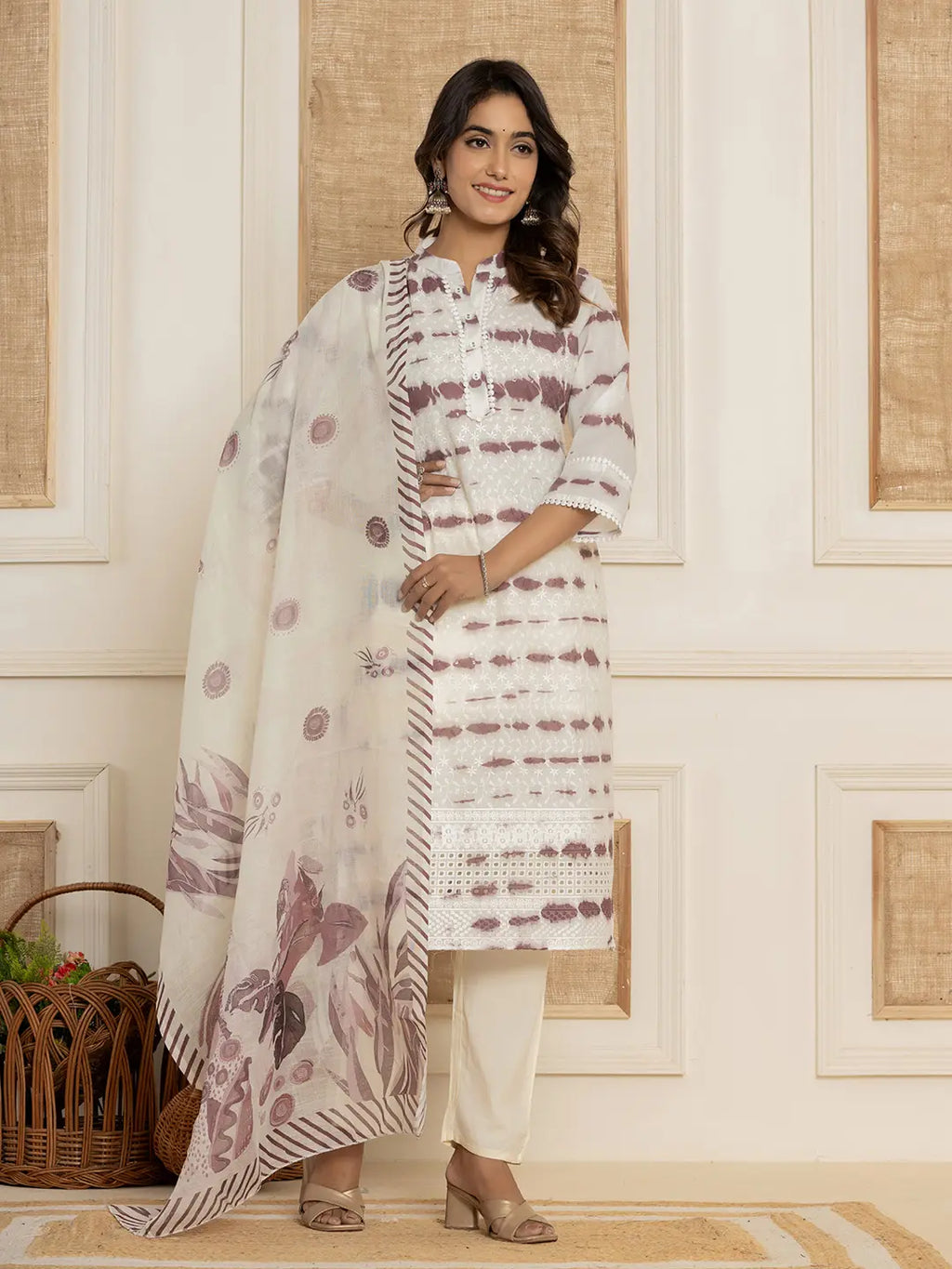 Yufta Purple Embroidery Cotton Have A Lining Kurta Trousers With Dupatta Set | Grocsy