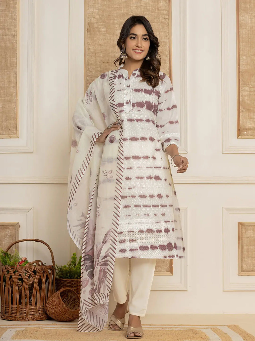 Yufta Purple Embroidery Cotton Have A Lining Kurta Trousers With Dupatta Set | Grocsy