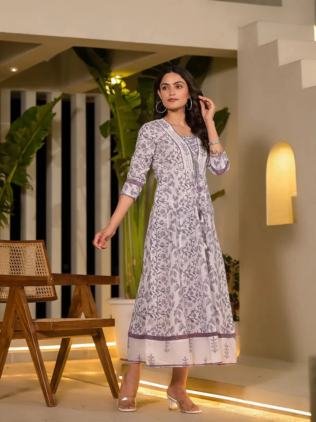 Yufta Purple Floral Print Kantha Work A-Line Dori Work Dress | Grocsy