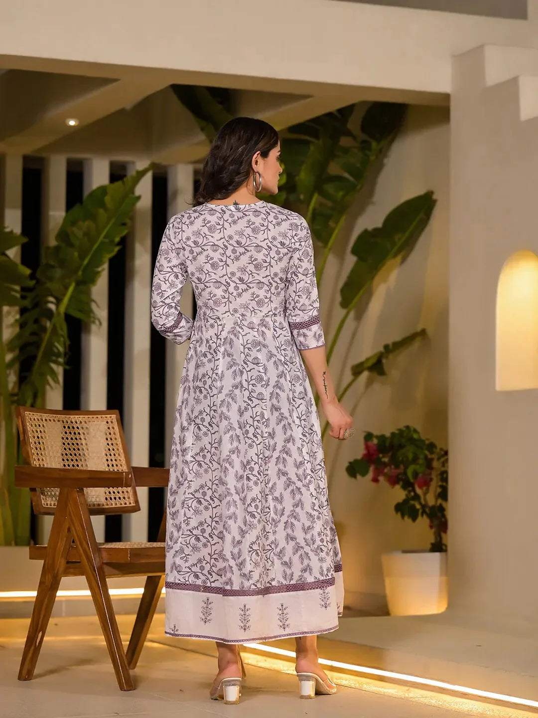 Yufta Purple Floral Print Kantha Work A-Line Dori Work Dress | Grocsy