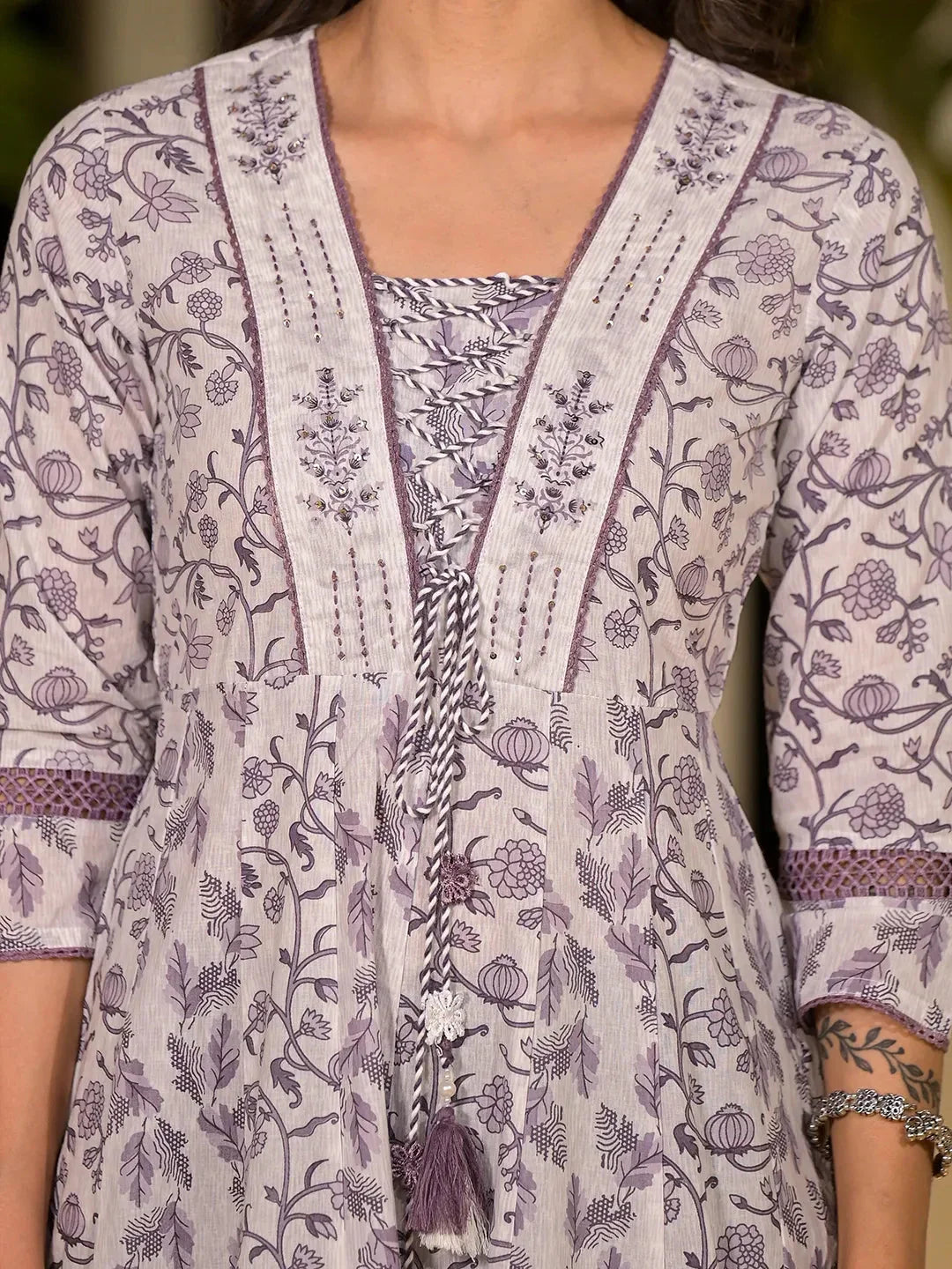 Yufta Purple Floral Print Kantha Work A-Line Dori Work Dress | Grocsy