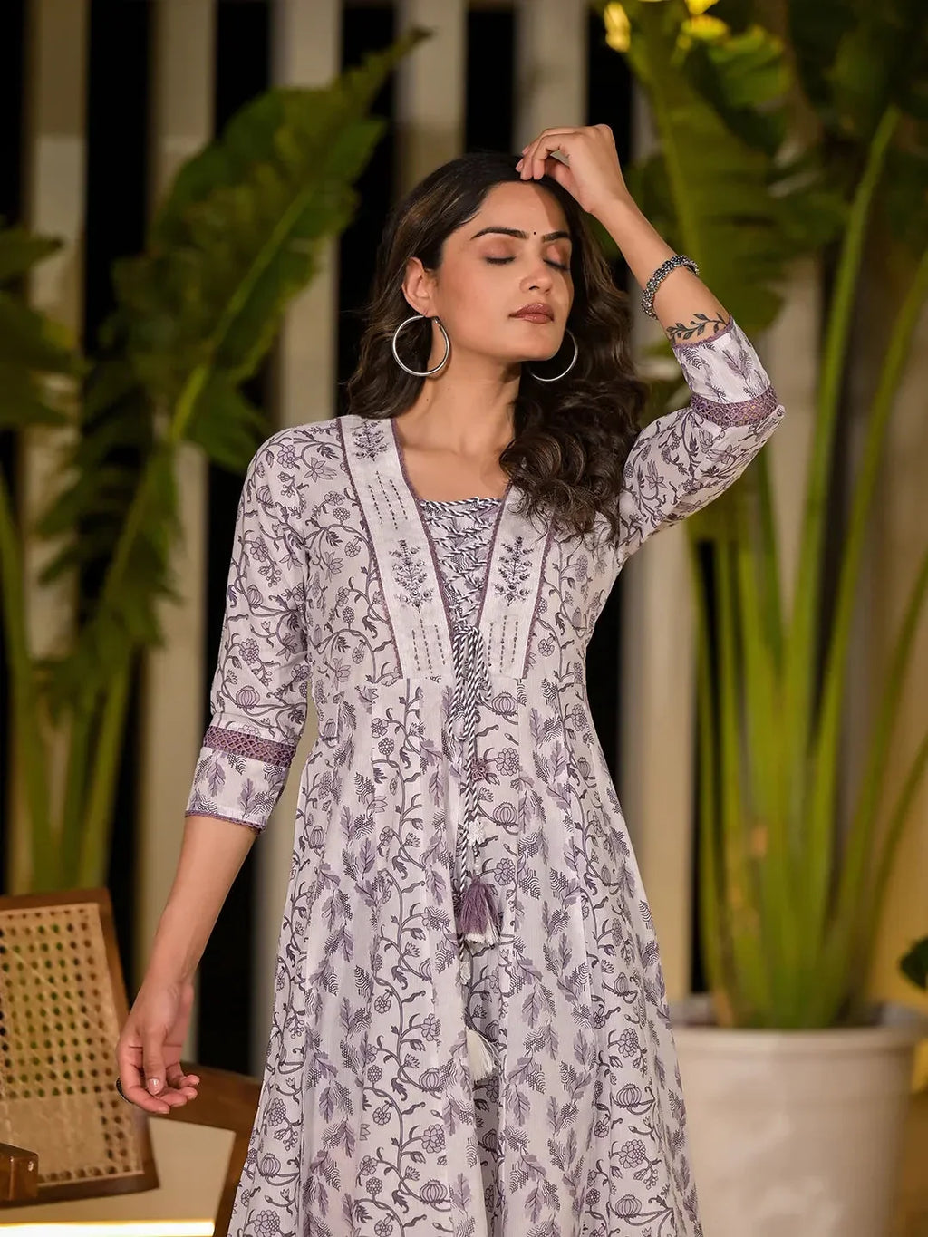 Yufta Purple Floral Print Kantha Work A-Line Dori Work Dress | Grocsy
