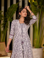 Yufta Purple Floral Print Kantha Work A-Line Dori Work Dress | Grocsy