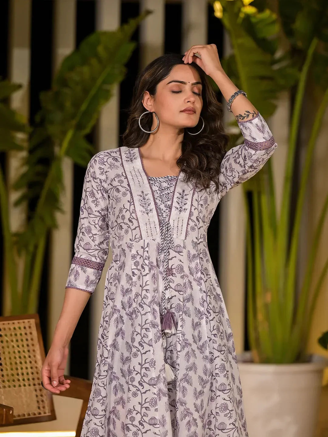 Yufta Purple Floral Print Kantha Work A-Line Dori Work Dress | Grocsy