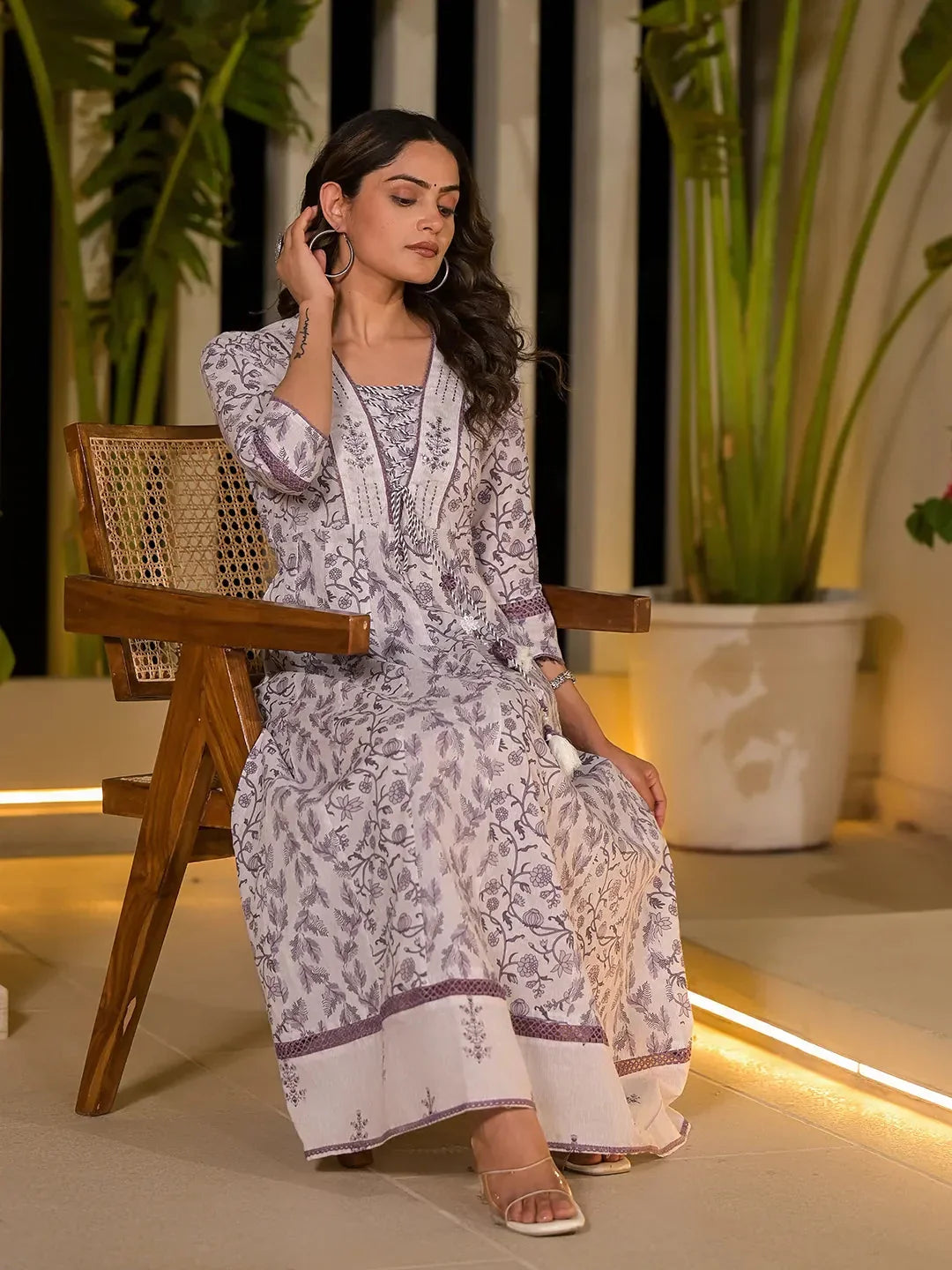 Yufta Purple Floral Print Kantha Work A-Line Dori Work Dress | Grocsy