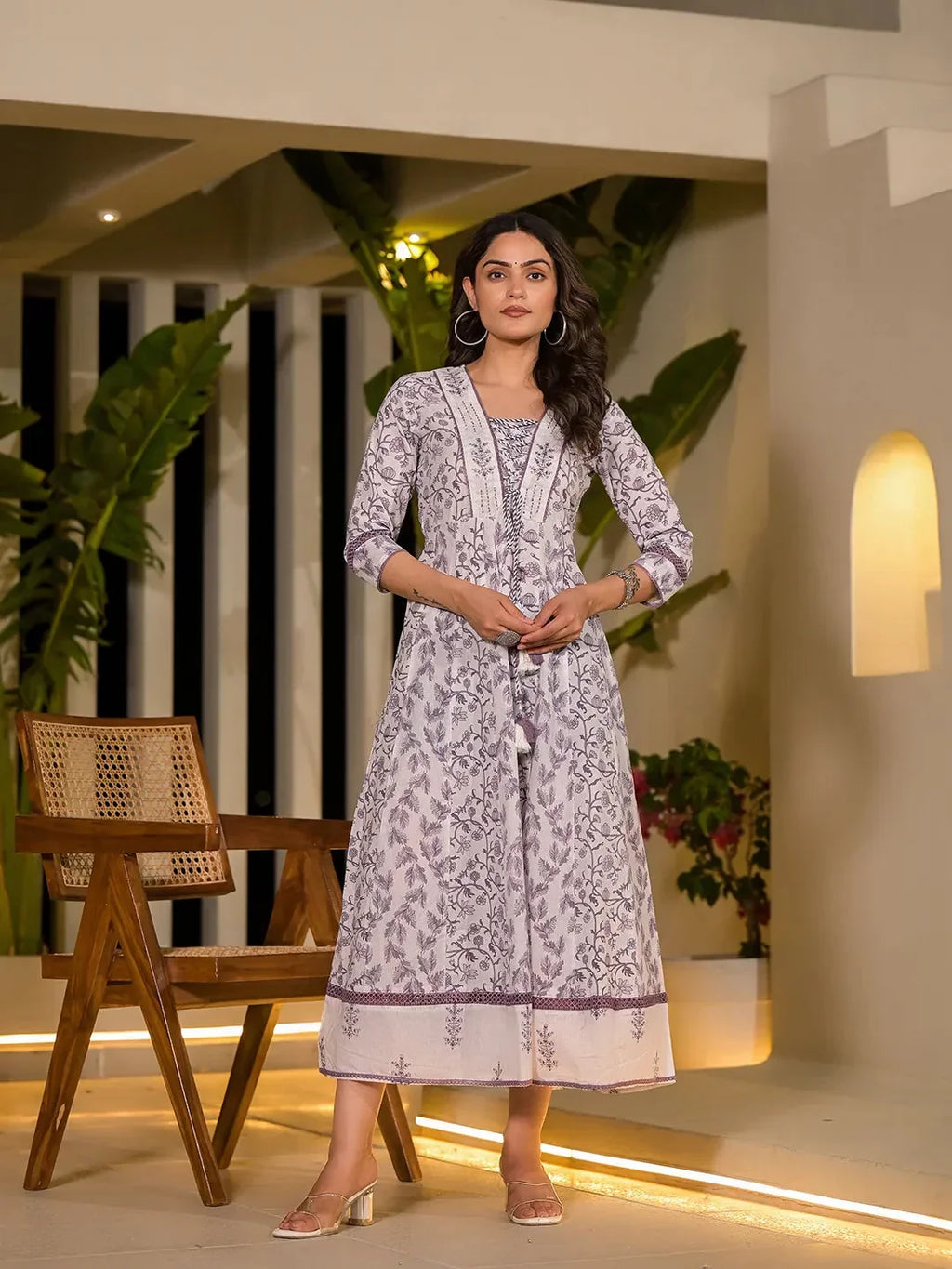 Yufta Purple Floral Print Kantha Work A-Line Dori Work Dress | Grocsy