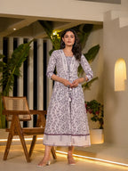 Yufta Purple Floral Print Kantha Work A-Line Dori Work Dress | Grocsy