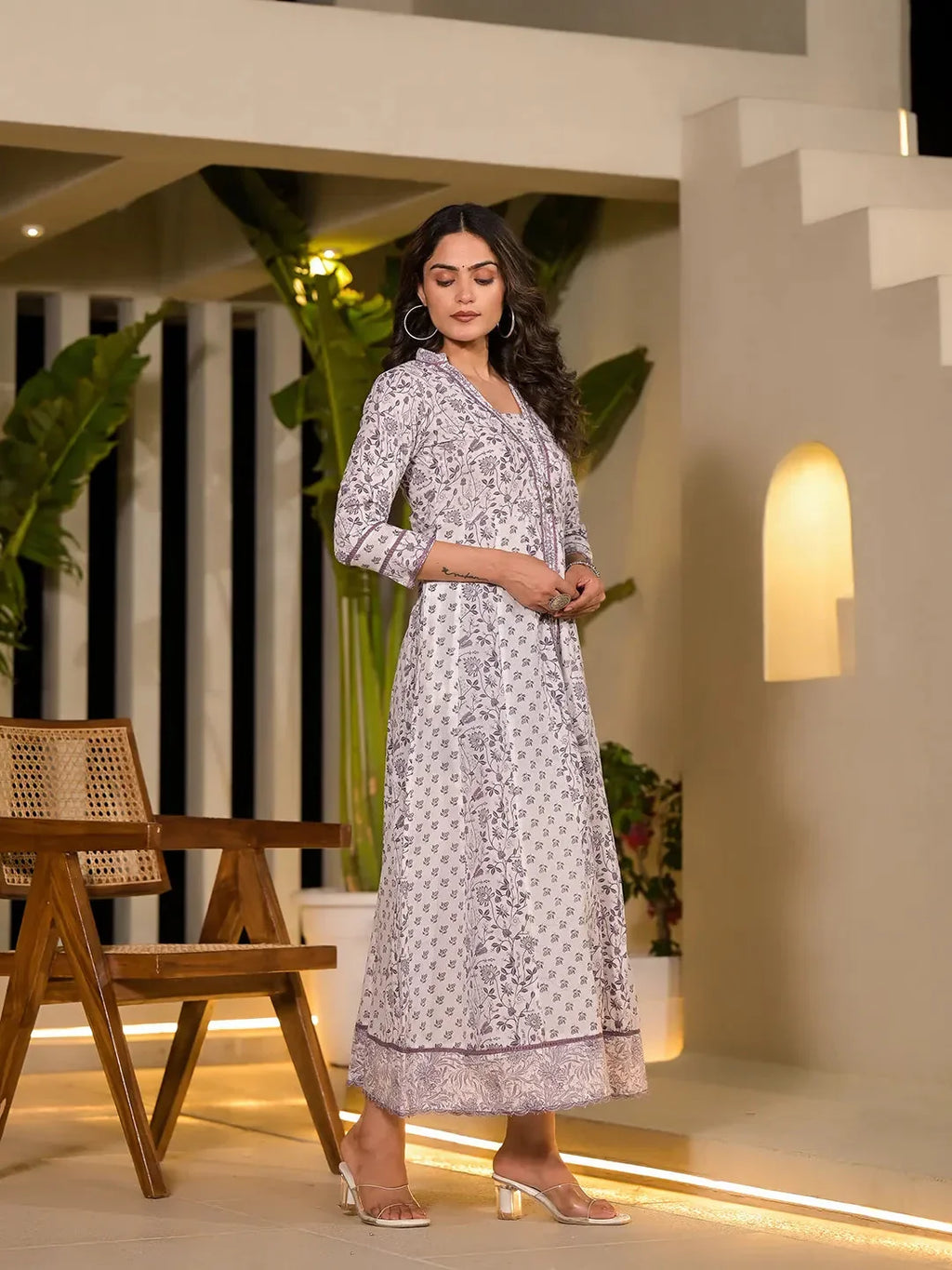 Yufta Purple Floral Print Kantha Work A-Line Dress | Grocsy