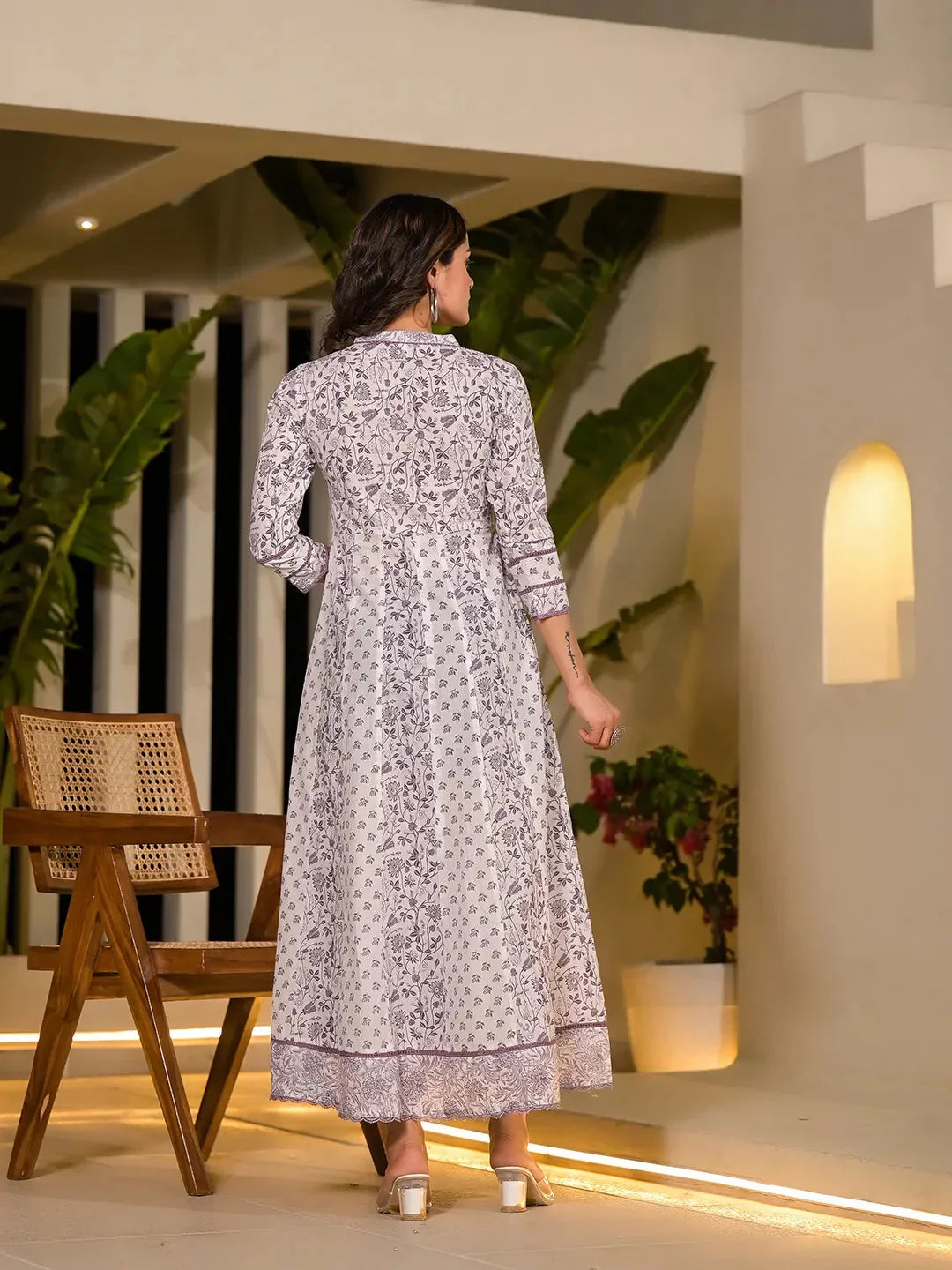 Yufta Purple Floral Print Kantha Work A-Line Dress | Grocsy