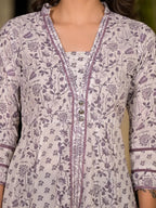 Yufta Purple Floral Print Kantha Work A-Line Dress | Grocsy