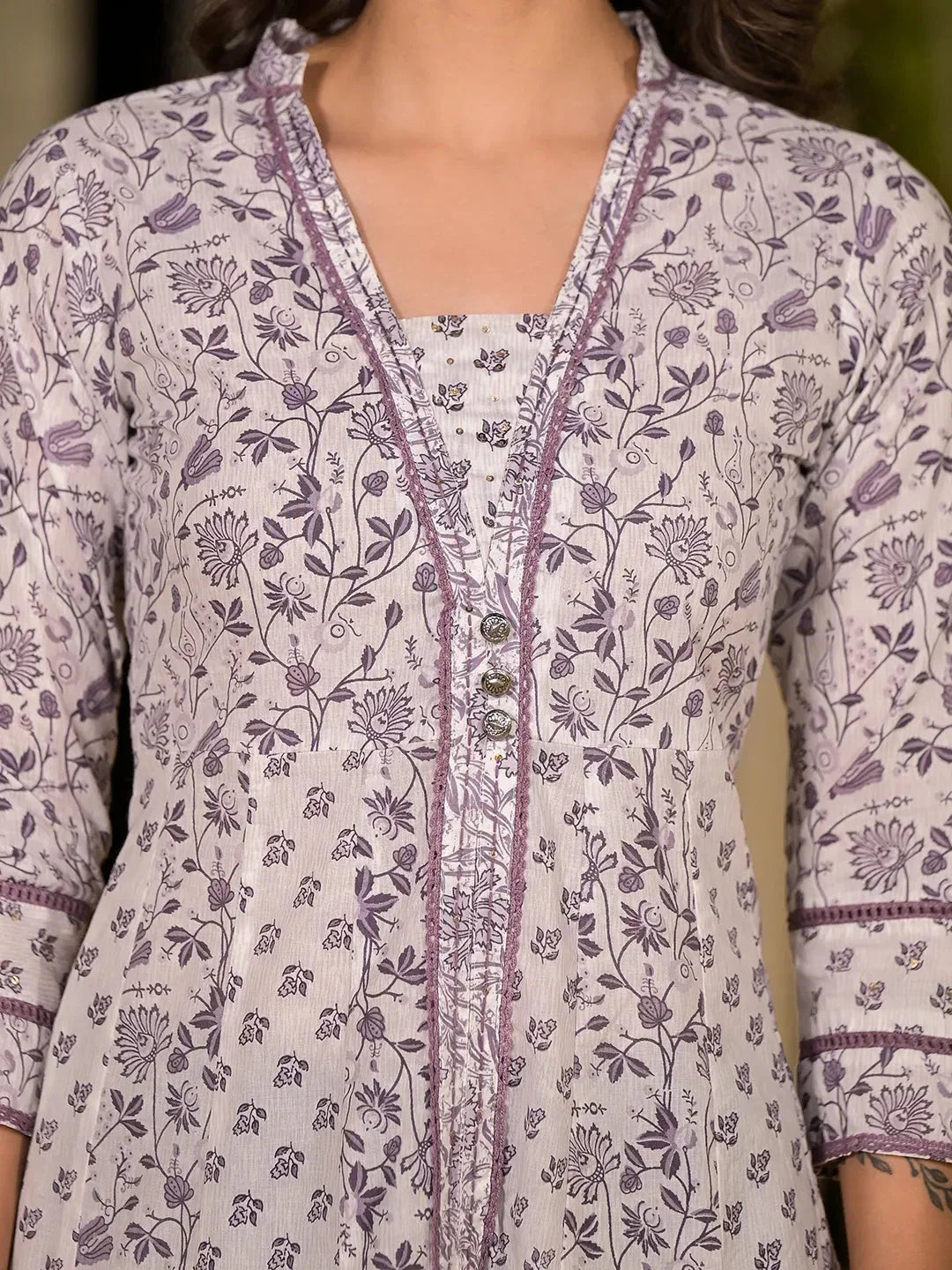 Yufta Purple Floral Print Kantha Work A-Line Dress | Grocsy