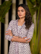 Yufta Purple Floral Print Kantha Work A-Line Dress | Grocsy