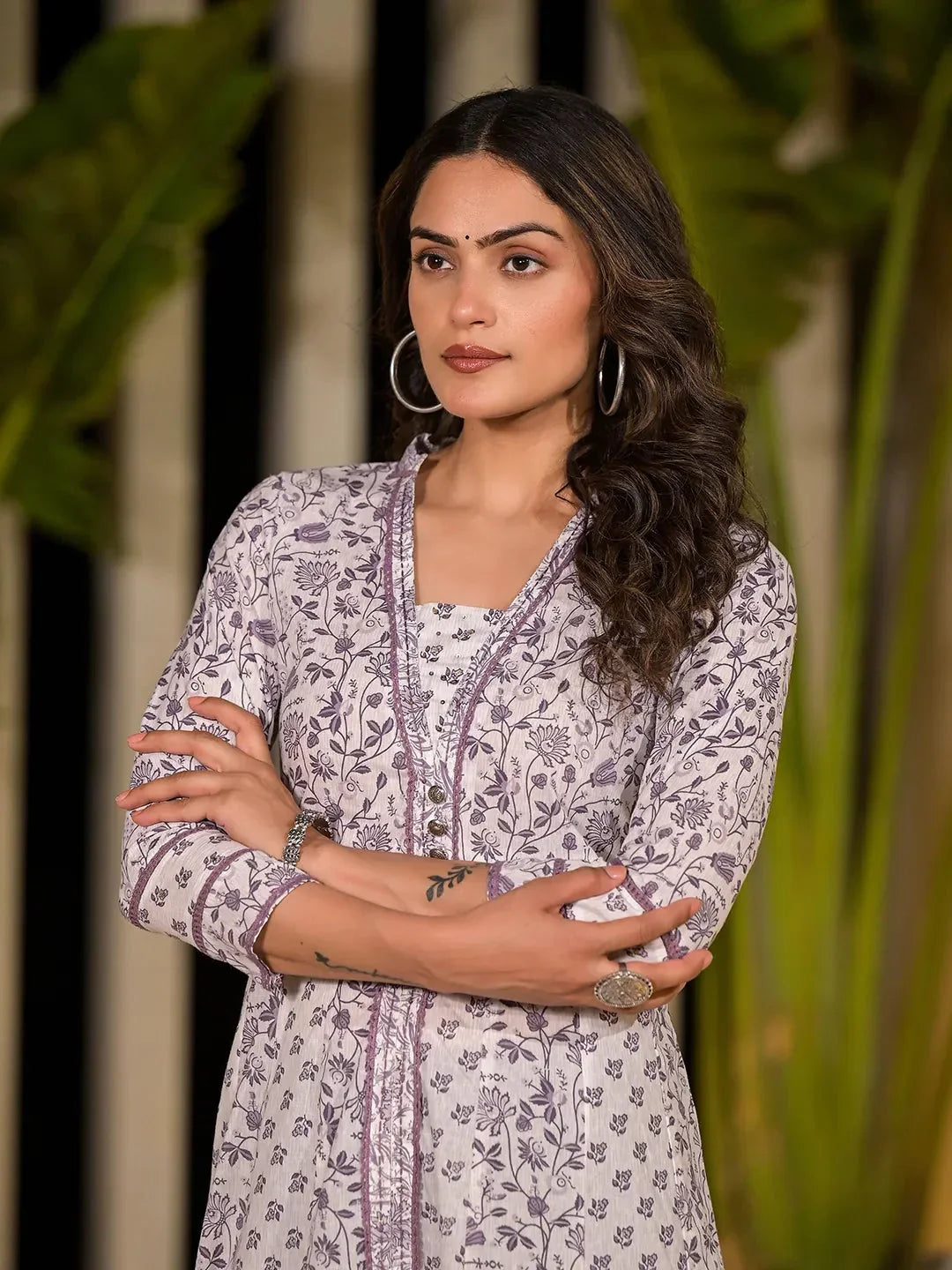 Yufta Purple Floral Print Kantha Work A-Line Dress | Grocsy