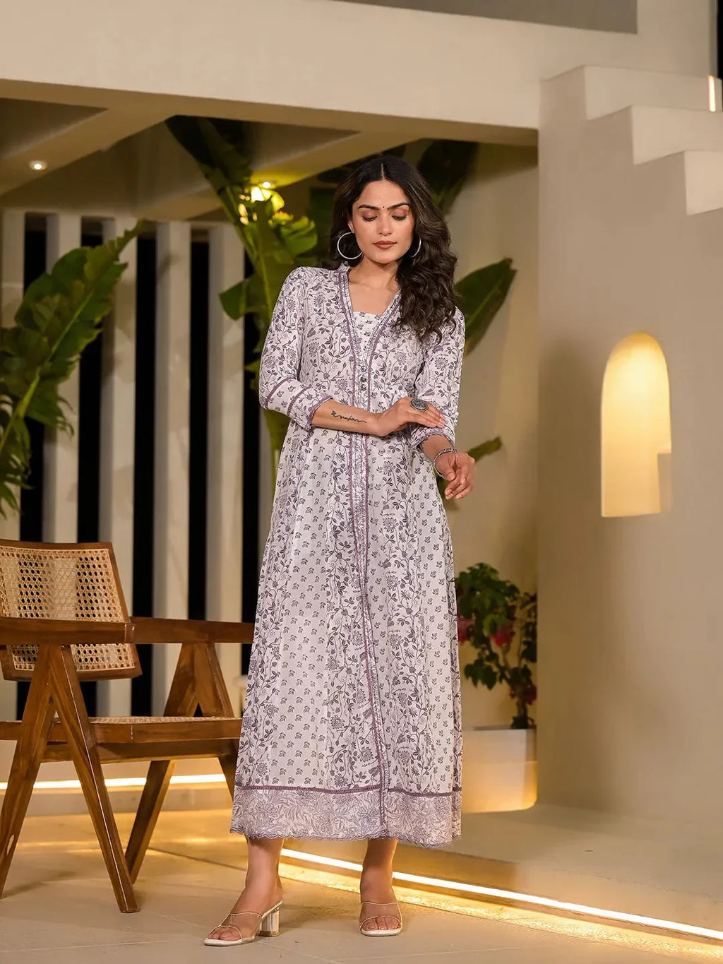 Yufta Purple Floral Print Kantha Work A-Line Dress | Grocsy