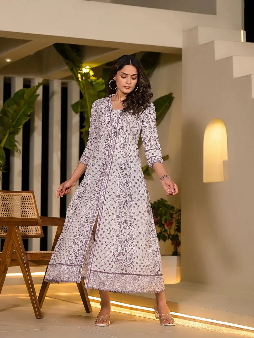 Yufta Purple Floral Print Kantha Work A-Line Dress | Grocsy