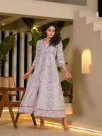 Yufta Purple Floral Print Kantha Work A-Line Dress | Grocsy