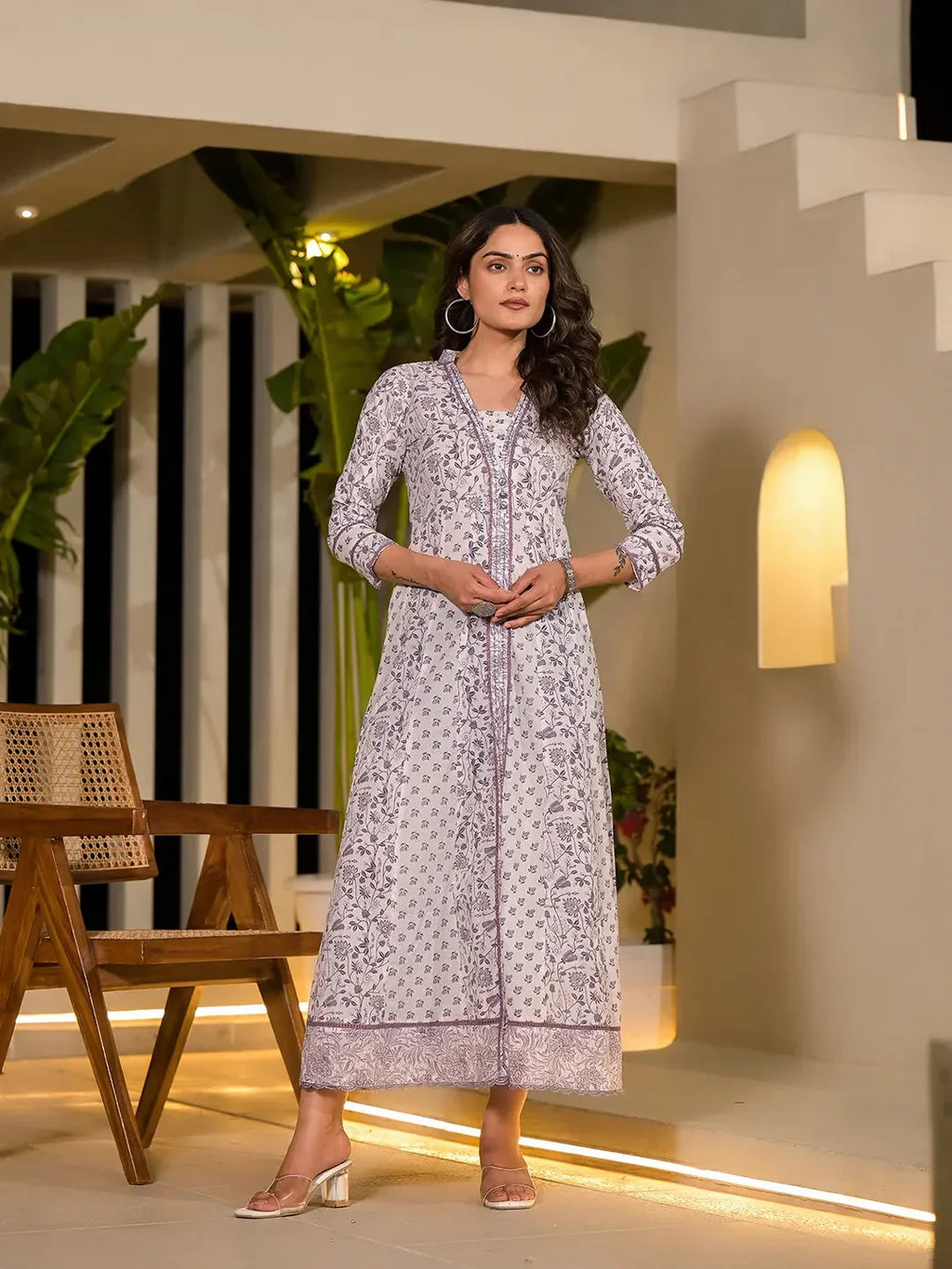 Yufta Purple Floral Print Kantha Work A-Line Dress | Grocsy