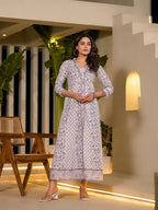 Yufta Purple Floral Print Kantha Work A-Line Dress | Grocsy