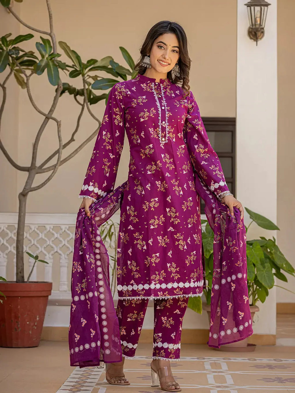 Yufta Purple Floral Print Straight Pakistani Style Kurta Trouser And Dupatta Set | Grocsy