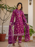Yufta Purple Floral Print Straight Pakistani Style Kurta Trouser And Dupatta Set | Grocsy